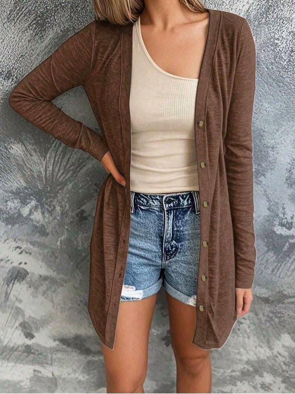Women's Casual Open Front Wool Cardigan, Lightweight Long Sleeve, Button Design, Loose Solid Color Jacket, Suitable For Summer/Autumn White Fall
