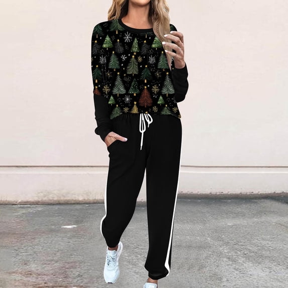 Women's Casual Outfit Sets For Cool Weather Crew Neck Long Sleeve Top + Trousers Printed Home Sports Casual Yoga Suit