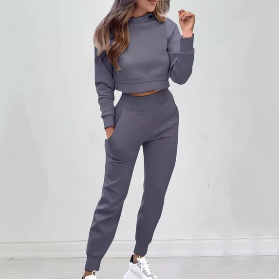 Women's Casual Outfit Sets Office Wear Autumn Solid Color Casual Pullover Round Neck Long Sleeved Hooded Sweatshirt Long Pants Set