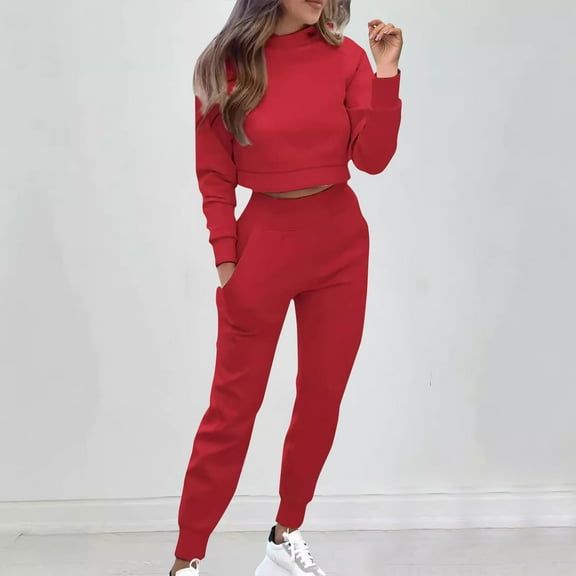 Women's Casual Outfit Sets Office Wear Autumn Solid Color Casual Pullover Round Neck Long Sleeved Hooded Sweatshirt Long Pants Set