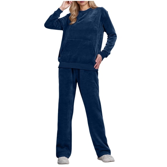 Women's Casual Outfits Crewneck Sweatshirt and Sweatpants Falll Winter 2 Piece Sets Velvet Lounge Set With Pockets Blue XL