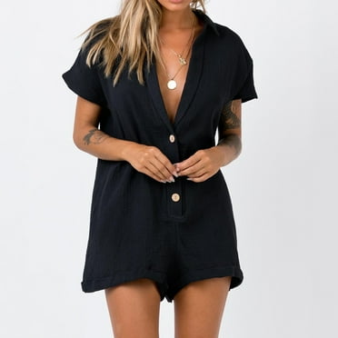 Women's Casual Oversize Short Romper Summer Plunge Waffle Knit Overalls with Pocket Button Down Loose Workout Outfits, Black, XL