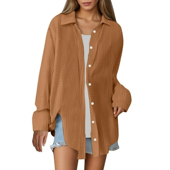 Women's Casual Oversized Button Down Shirt Long Sleeve Blouse Lightweight Breathable Relaxed Fit Top with Pocket