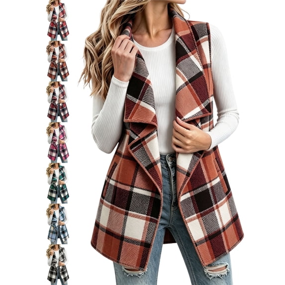 Women's Casual Oversized Plaid Vest Large Lapel Sleeveless Open Front Cardigan Vest