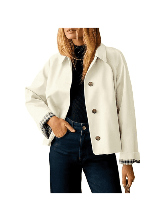 Women's Casual Oversized Short Trench Coat Plaid Lining Cropped Jacket Fall Windbreaker Outerwear