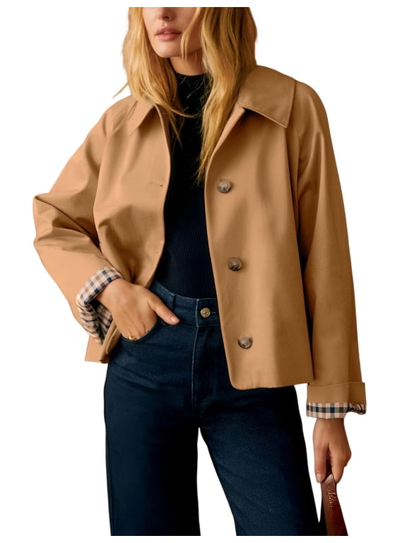 Women's Casual Oversized Short Trench Coat Plaid Lining Cropped Jacket Fall Windbreaker Outerwear