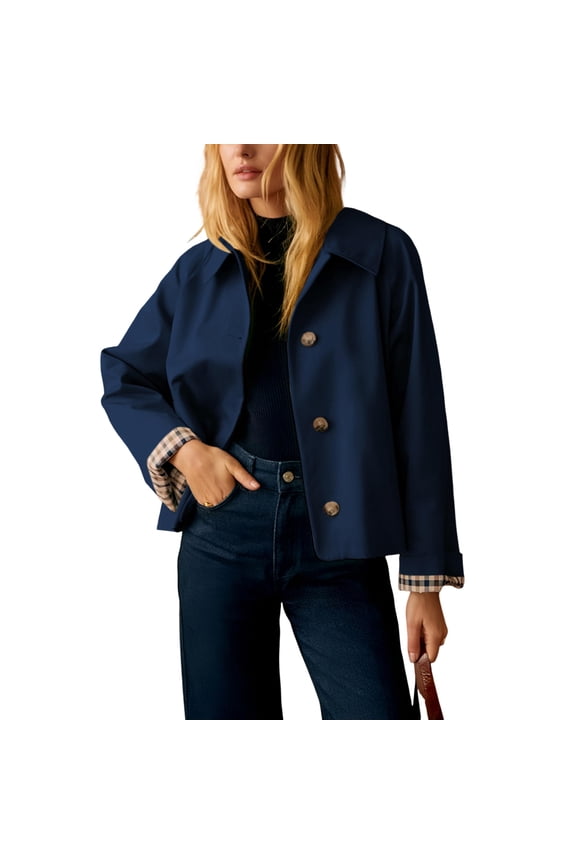 Women's Casual Oversized Short Trench Coat Plaid Lining Cropped Jacket Fall Windbreaker Outerwear