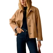 Women's Casual Oversized Short Trench Coat Plaid Lining Cropped Jacket Fall Windbreaker Outerwear
