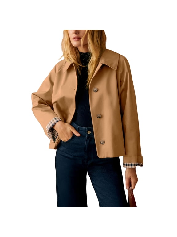 Women's Casual Oversized Short Trench Coat Plaid Lining Cropped Jacket Fall Windbreaker Outerwear