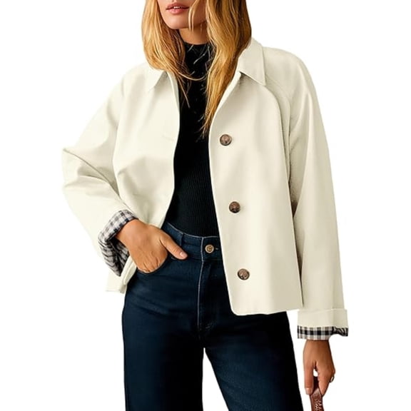 Women's Casual Oversized Short Trench Coat Plaid Lining Cropped Jacket Fall Windbreaker Outerwear