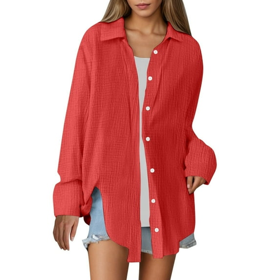 Women's Casual Oversized Solid Color Shirt Lightweight Blouse Relaxed Fit Top for Everyday Wear