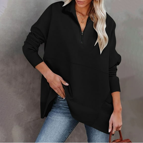 Women's Casual OversizedHalf Zippered Sports Shirt Long Sleeved Solid Color With Pocket Pullover Top