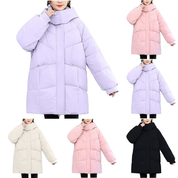 Women's Casual Padded Jacket Winter Fashionable Mid Length Solid Color Long Sleeve Thickened Velvet Puffer Jacket with Pockets