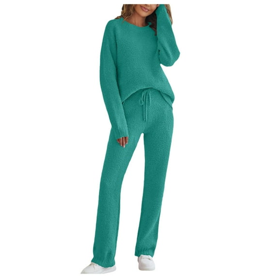 Women's Casual Pajama Set Fuzzy Knitted Long Sleeve Pj Loungewear,Green,XS