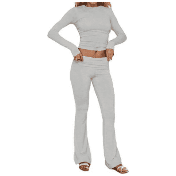 Women's Casual Pajama Set, Slim Fit, Long Sleeve, Round Neck, Gray