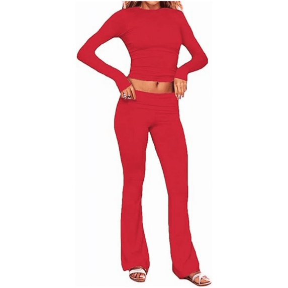 Women's Casual Pajama Set, Slim Fit, Long Sleeve, Round Neck, Red