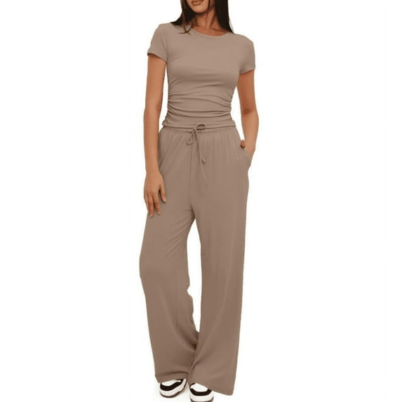 Women's Casual Pajamas Set with Pockets, Khaki