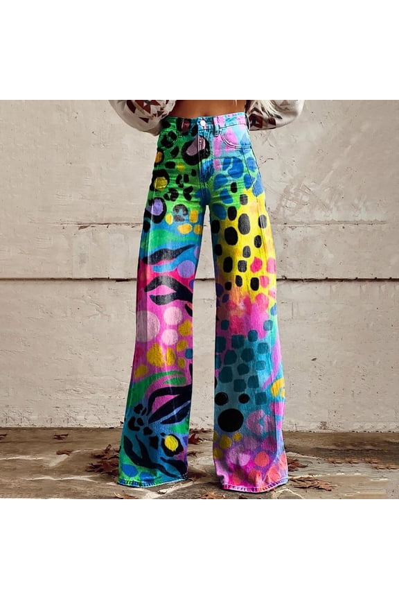 Women's Casual Pants 2025 New Summer Flower Wide Leg Pants Lightweight And Loose Casual Colorful Pants Imitation Jeans,Blue Women's Casual Pants XL