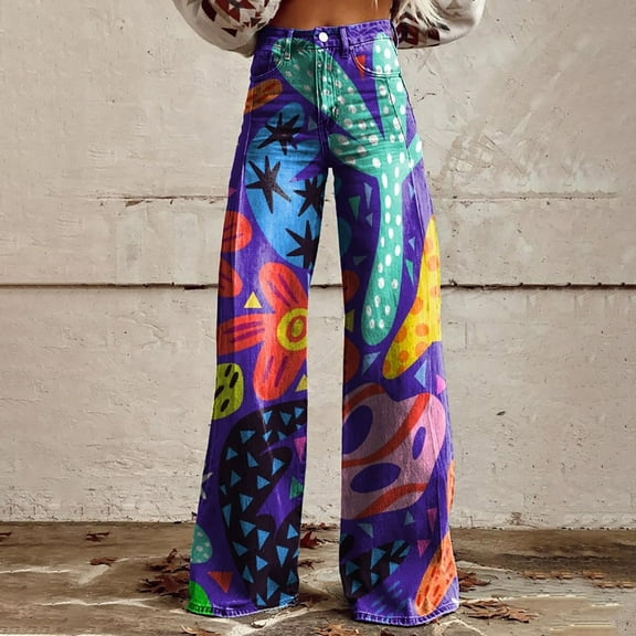 Women's Casual Pants 2025 New Summer Flower Wide Leg Pants Lightweight And Loose Casual Colorful Pants Imitation Jeans,Blue Women's Casual Pants XXXL