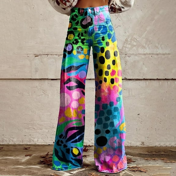 Women's Casual Pants 2025 New Summer Flower Wide Leg Pants Lightweight And Loose Casual Colorful Pants Imitation Jeans,Blue Women's Casual Pants XXXL