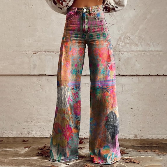 Women's Casual Pants, 2025 New Summer Flower Wide Leg Pants Lightweight And Loose Casual Colorful Pants Imitation Jeans,Women's Casual Pants 3XL