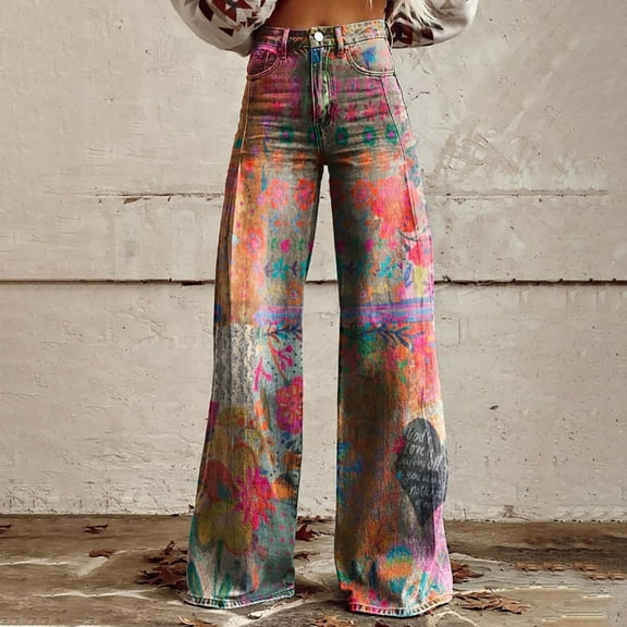 Women's Casual Pants, 2025 New Summer Flower Wide Leg Pants Lightweight And Loose Casual Colorful Pants Imitation Jeans,Women's Casual Pants 5XL