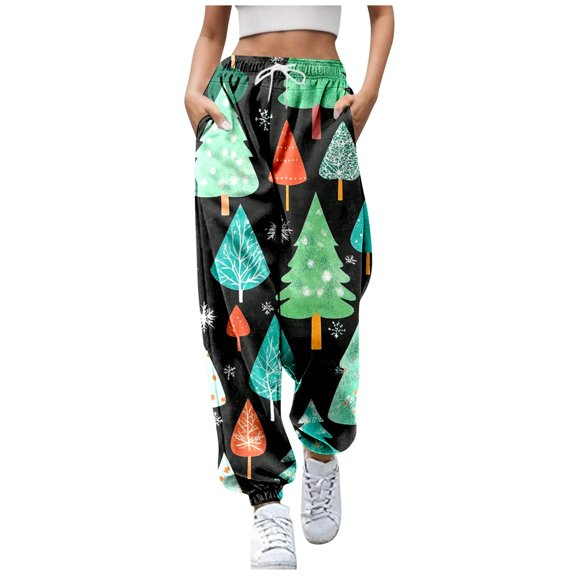 Women's Casual Pants Autumn Winter Christmas Tree Printed Trousers Comfortable Stylish Wear Holiday Fashion