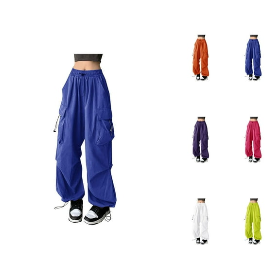 Women's Casual Pants Baggy Cargo Solid Color Streetwear Hop Joggers Sweatpants Drawstring Loose Wide Leg Trousers