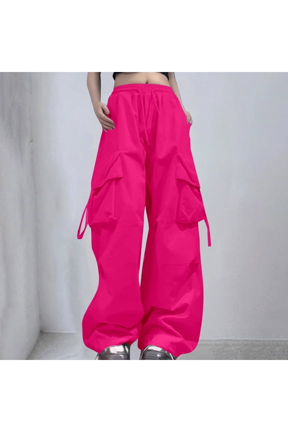 Women's Casual Pants Baggy Hight Waist Cargo Pants (Hot Pink M)