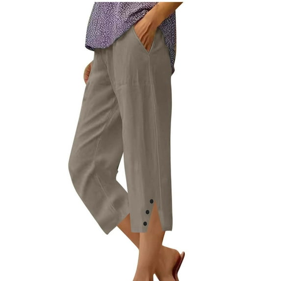Women's Casual Pants Capris New Women's Summer Linen Solid Color Pockets Elastic Waist Capris Shorts Pants Style B-32 Gray XXL