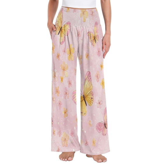 Women's Casual Pants & Capris, Soft Stretch Smocked with Pockets, Cotton-like Modal for Home/Yoga Exercises, Blush Butterflies,S