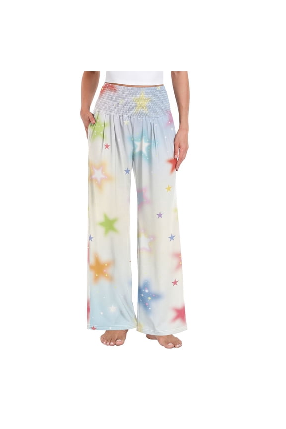 Women's Casual Pants & Capris, Soft Stretch Smocked with Pockets, Cotton-like Modal for Home/Yoga Exercises, Rainbow Glitter Stars,S