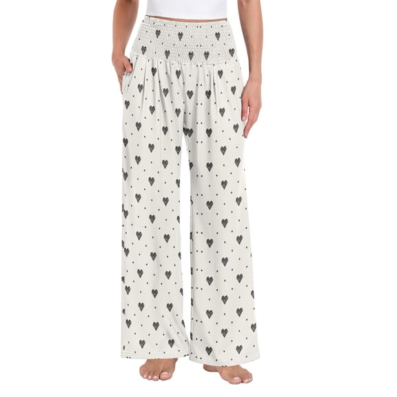Women's Casual Pants & Capris, Soft Stretch Smocked with Pockets, Cotton-like Modal for Home/Yoga Exercises, Small Heart-shaped Pattern,S