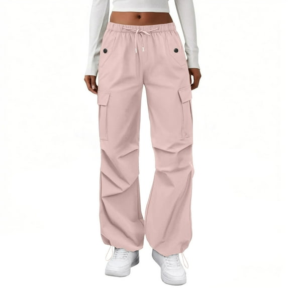Women's Casual Pants Cargo Pants Elastic Waisted Hiking Pants with Pockets Lightweight Baggy Pants for Outdoor and Daily Use,Pink,L