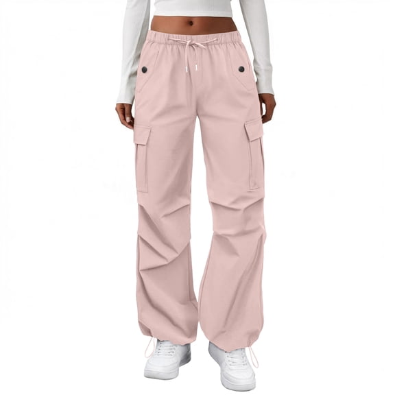 Women's Casual Pants Cargo Pants Elastic Waisted Hiking Pants with Pockets Lightweight Baggy Pants for Outdoor and Daily Use,Pink,M