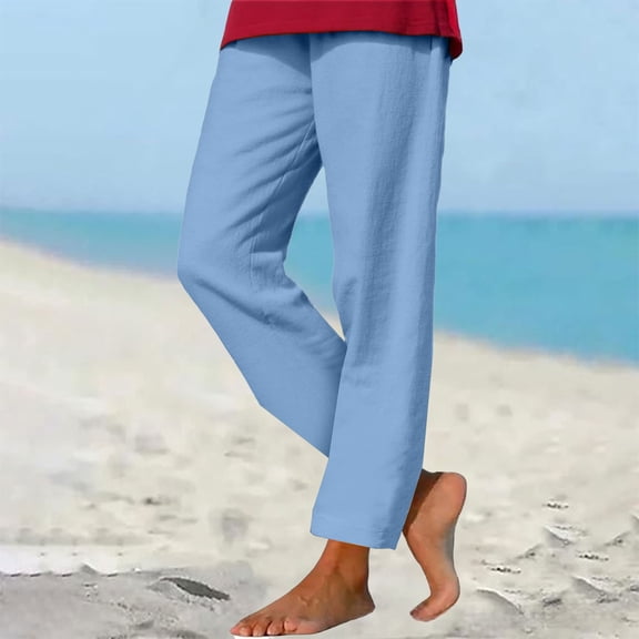 Women's Casual Pants Cotton Linen Straight Leg Pants For Women Boho Summer Casual Loose Plus Size High Waist Trousers Beach Outfits,Blue Women's Casual Pants XXXXXL