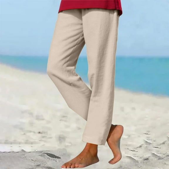 Women's Casual Pants Cotton Linen Straight Leg Pants For Women Boho Summer Casual Loose Plus Size High Waist Trousers Beach Outfits,Yellow Women's Casual Pants XXXXXL