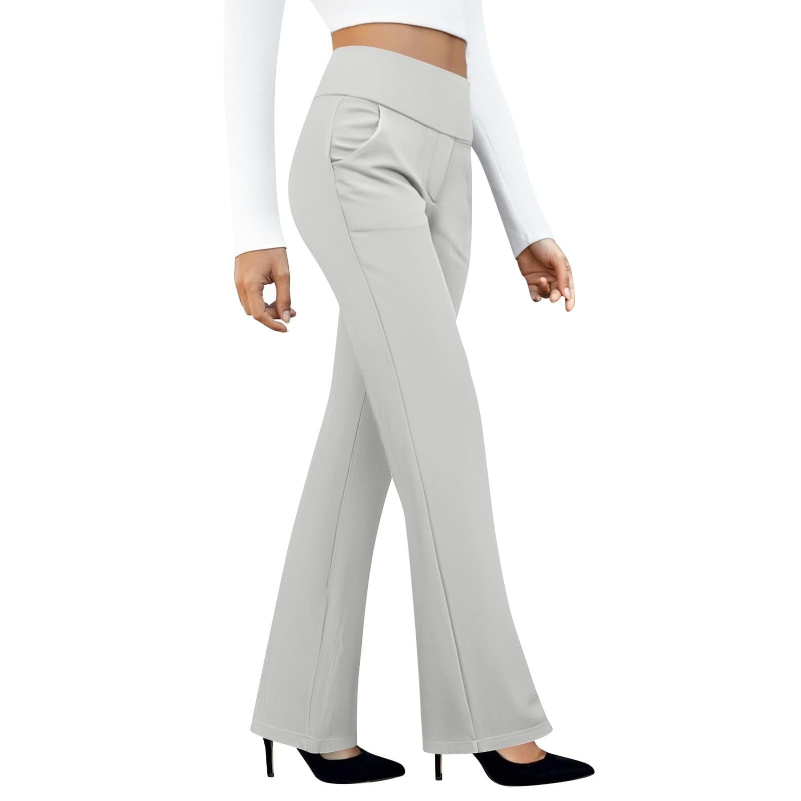 Women's Casual Pants, Cropped High Waisted Straight Leg Trousers with ...