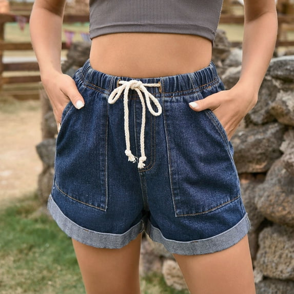Women's Casual Pants Drawstring High Expandable Waist Jeans Denim Shorts ,Ripped Denim Shorts Stretchy Jean