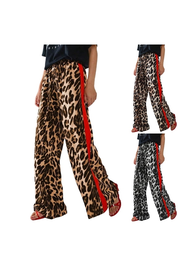 Women's Casual Pants Drawstring Leopard Print Color Block Side Striped Straight Leg Wide Leg Loose Pants Gray XL