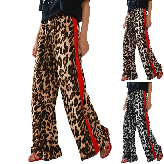 Women's Casual Pants Drawstring Leopard Print Color Block Side Striped Straight Leg Wide Leg Loose Pants Yellow L