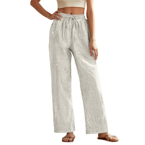 Women's Casual Pants Drawstring Striped Elastic Waist Straight Leg Trousers Trendy Loose Fit Summer Vacation Joggers with Pockets