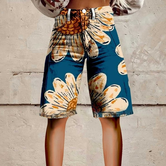 Women's Casual Pants Flare Denim Shorts For Women Wide Leg Denim Shorts Woman Vintage Floral Print High Waisted Straight Stretch Pants With Pockets,Gold Women's Casual Pants XXXXL