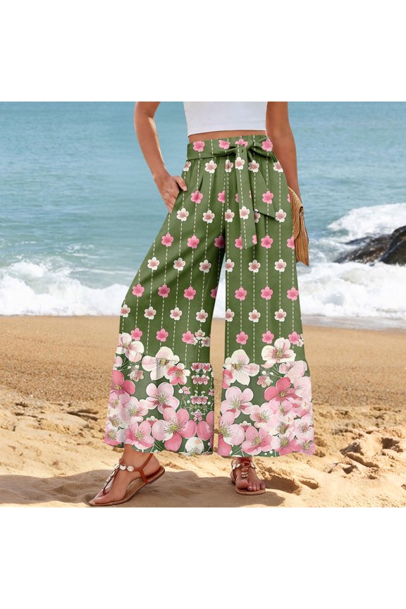 Women’s Casual Pants Flared Leg Wide Leg with Ties Ruffle Harem Palazzo Pants with Pockets Army Green M