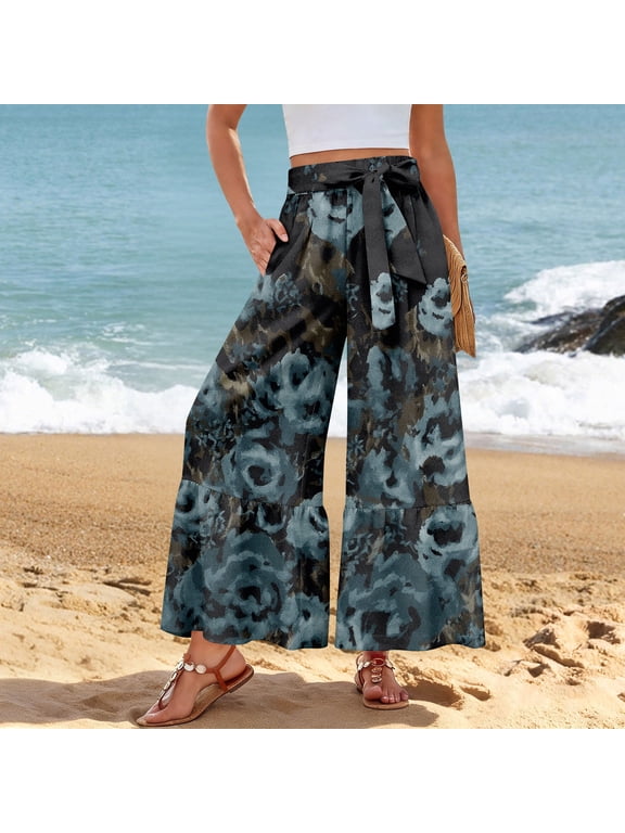 Women’s Casual Pants Flared Leg Wide Leg with Ties Ruffle Harem Palazzo Pants with Pockets Dark Gray M