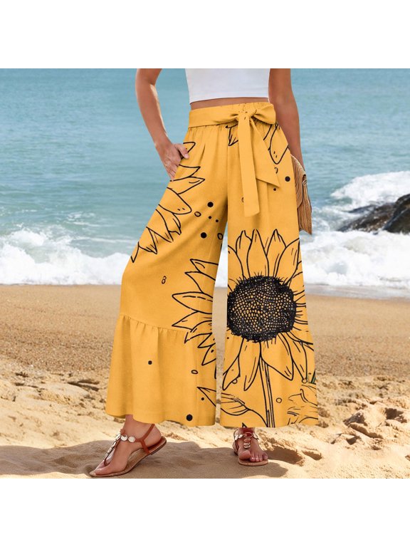 Women’s Casual Pants Flared Leg Wide Leg with Ties Ruffle Harem Palazzo Pants with Pockets Saffron XL