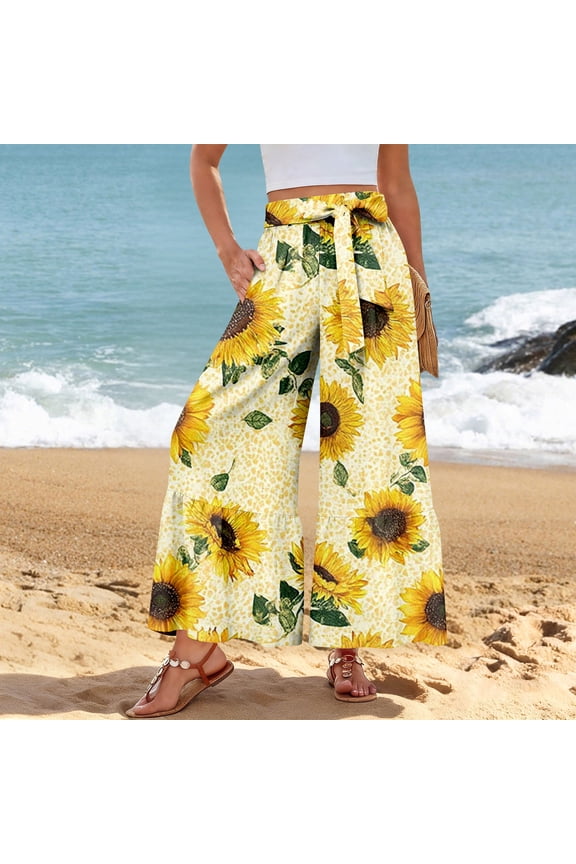 Women’s Casual Pants Flared Leg Wide Leg with Ties Ruffle Harem Palazzo Pants with Pockets Yellow 2XL