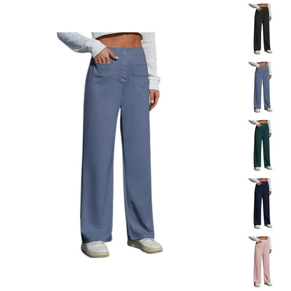 Women Pants Wide Leg Pants Woman Women's Casual Pants High Elastic Waisted Trousers Straight Wide Leg Button Down With Pockets For Everyday Wear