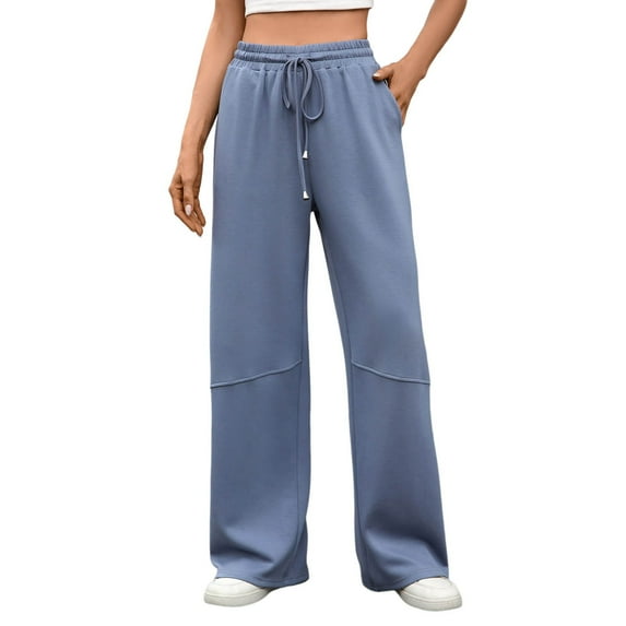 Women's Casual Pants High Waist Elastic Waistband Wide Leg Pants With Drawstring Pockets Comfortable Daily Wear Pure Color Long Trousers
