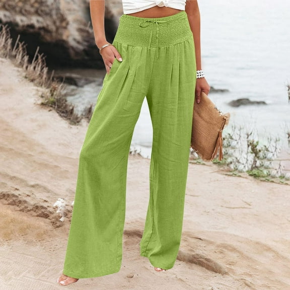Women's Casual Pants High Waist Wide Leg Palazzo Pants For Women Smocked Elastic Waist Loose Comfy Casual Pants Pockets,Green Women's Casual Pants S